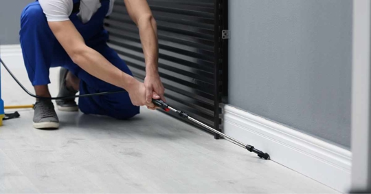 Pest Control Worker Spraying Pesticide in Room